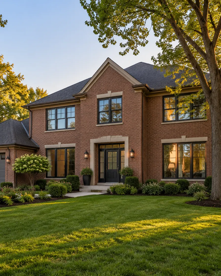 Brick suburban home with new black-frame windows and a charcoal entry door at golden hour