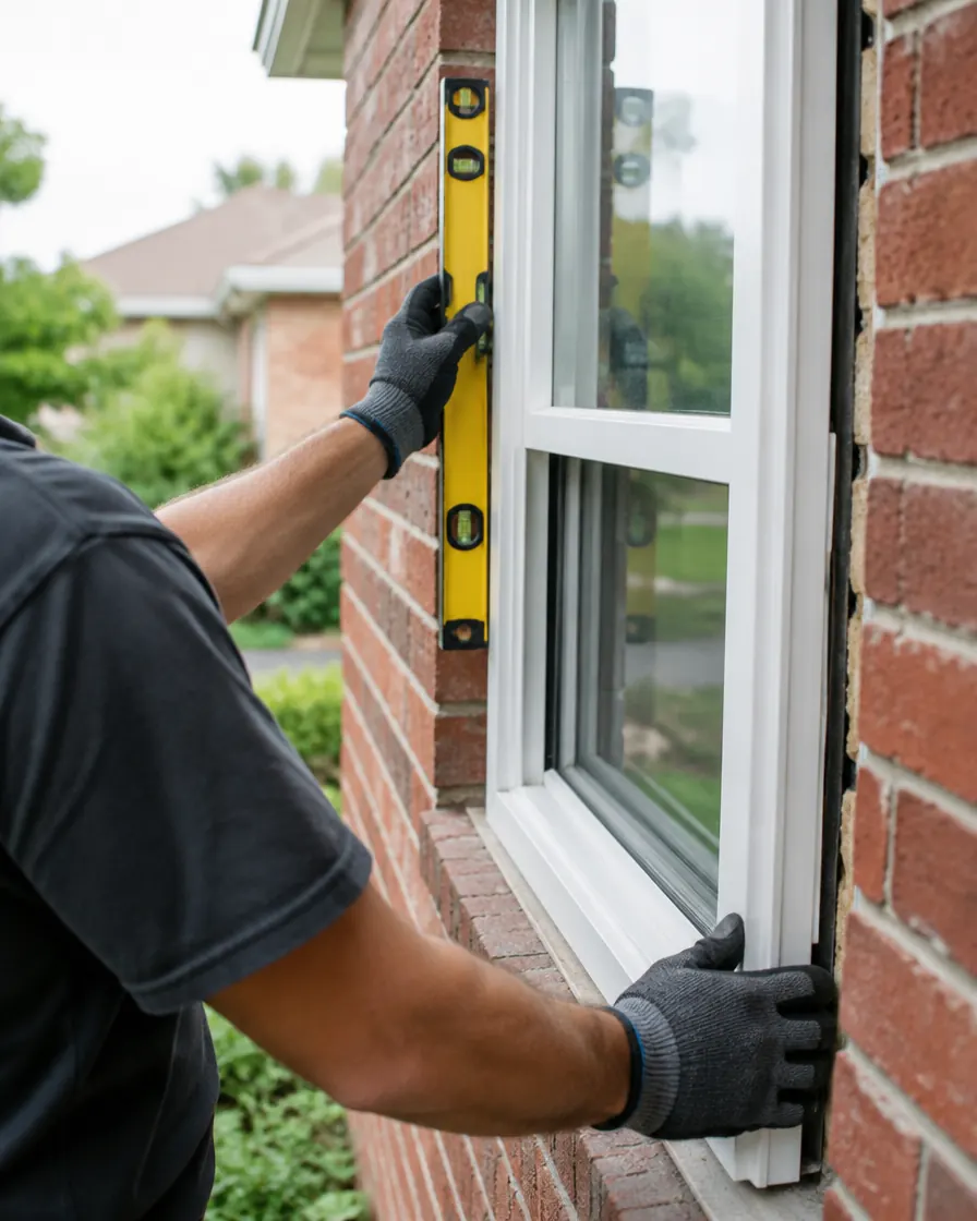 Installer leveling a new white window in a brick wall
